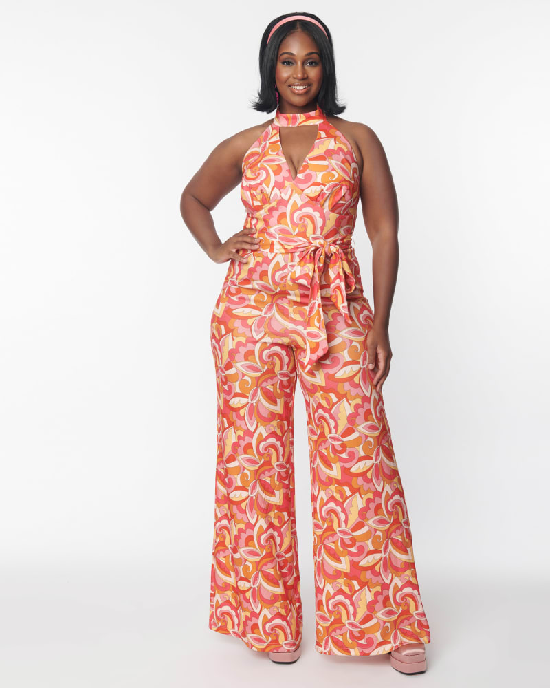 Front of a model wearing a size 4X Smak Parlour Orange Psychedelic Paisley Glamour Goddess Jumpsuit in Orange Psychedelic Paisley by Smak Parlour. | dia_product_style_image_id:347951